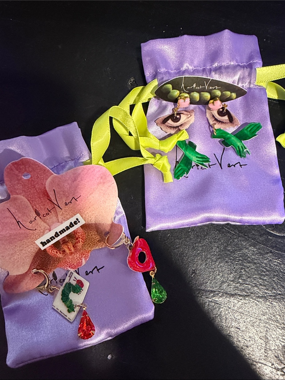 Handmade Colorful Green & Pink Statement Earrings by Haricot Vert